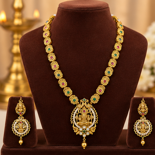 Gold Plated Long CZ Laksmi Necklace Set - Image 2