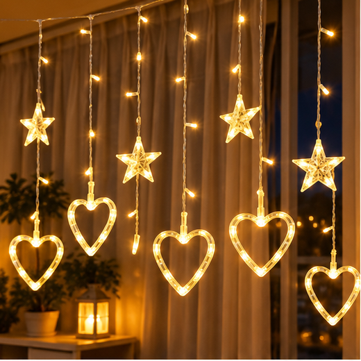 6*6 Heart & Star Curtain Light With Different Flashing Modes💖