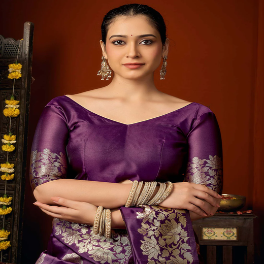 Dark Purple Silk Woven Banarasi Saree - Image 2