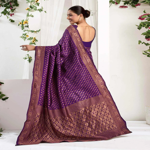 Dark Purple Silk Woven Banarasi Saree - Image 4