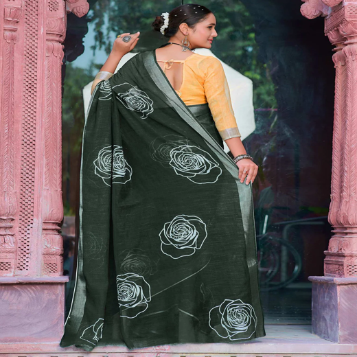 Dark Green Cotton Linen Printed Saree - Image 4