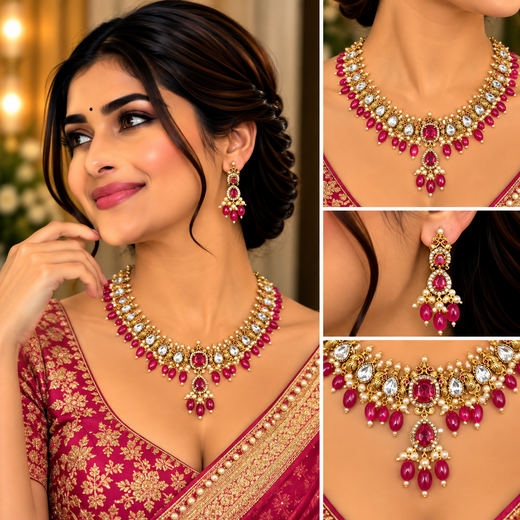 Polki Kundan Pink stone With Pearls drop Short Necklace - Image 4