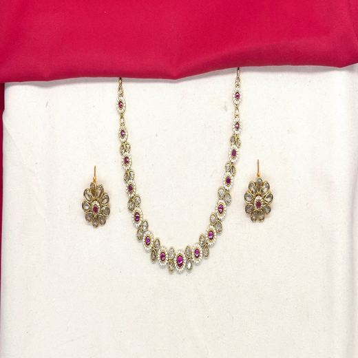 Matte finishing American Diamonds with pink stones Short Necklace - Image 2