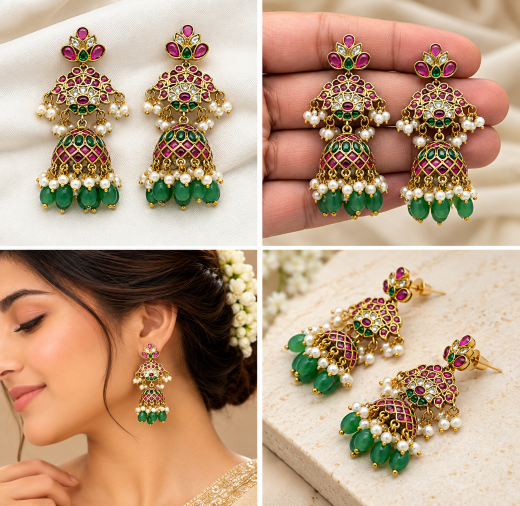 Jhumka emerald Kempu stones with pearl and green bead embellishment earrings - Image 3