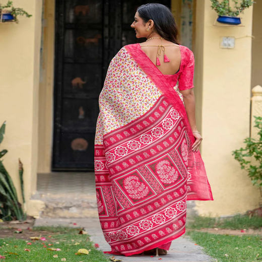 Off White Khadi Printed Saree - Image 4