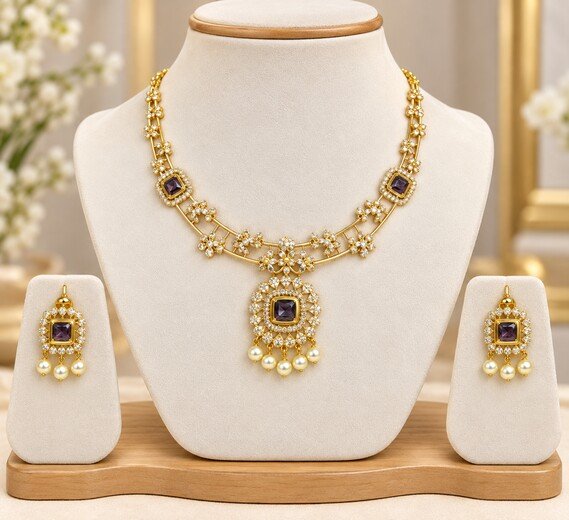 Matte finishing Purple stones with pearls short Necklace - Image 3