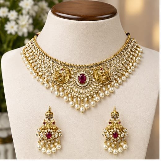 Matte finishing leaf peacock design with Red stone (choker)Necklace