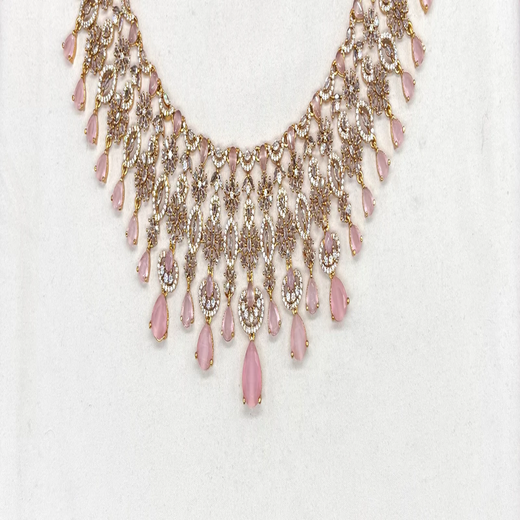 Premium matte finish American Diamonds flower design with Baby-Pink Stones Short Necklace - Image 2