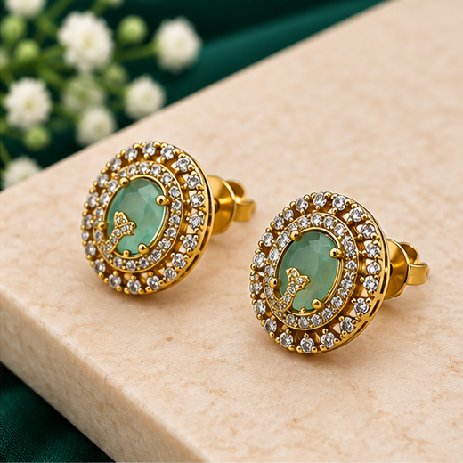 Victorian finish American Diamonds with mint-Green stone stud Earring - Image 2