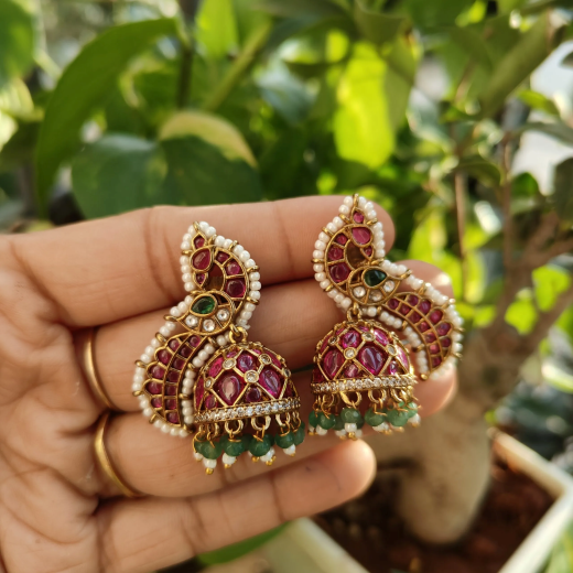 Matte finishing peacock-inspired pink Gemstones and pearl drops Jhumka’s - Image 4