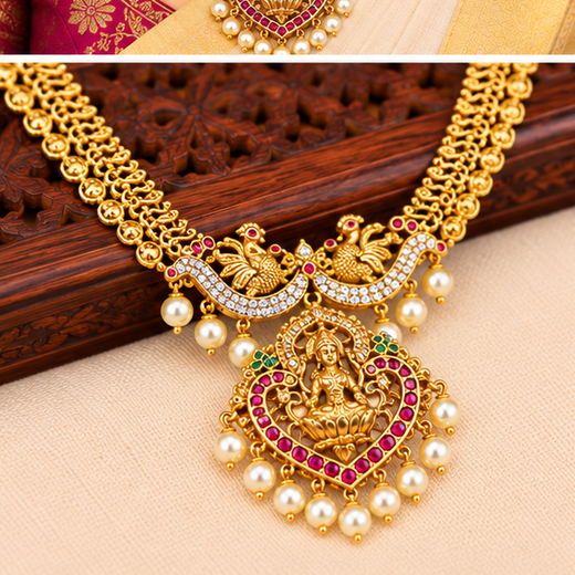 Matte finish lakshmi devi with pearls lomg haram - Image 3