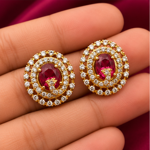 Victorian Finish American Diamonds With Red stone Stud Earring - Image 3