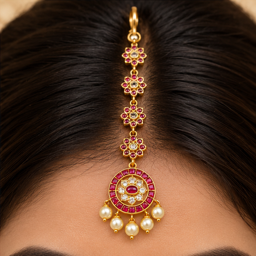 Ruby-Colored Emerald Stone Pearl Drop Maang Tikka - Image 4