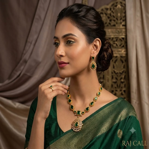 Matte finishing American Diamonds with Green stones short Necklace - Image 2