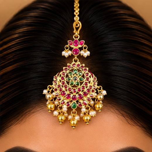 Jadau Kundan Finishing Floral Design Golden Balls Maang Tikka - Image 4