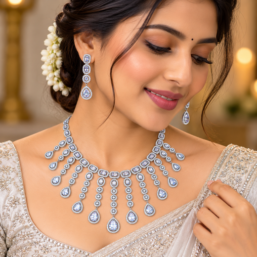 Silver Short Necklace with White Stone's