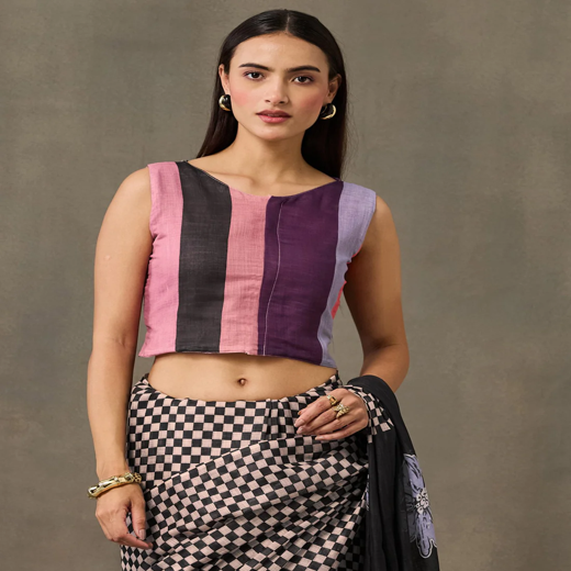 Black Linen Checkered Printed Saree - Image 2
