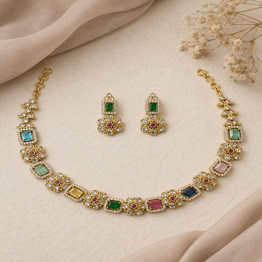Flower design Navratna Short Necklace - Image 3
