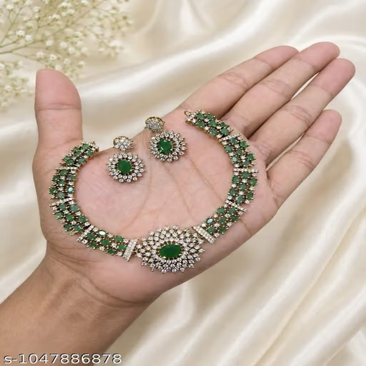 Elegant American Diamond emerald Green stones short Necklace - Image 3