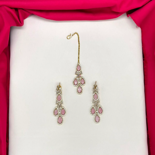 Emerald Baby-pink and Cubic Zirconia Bridal Necklace Set with Earrings and Maang Tikka - Image 2