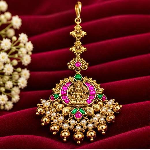 Jadau Kundan Finishing With Pink & Green Stones Lord Lakshmi Maang Tikka