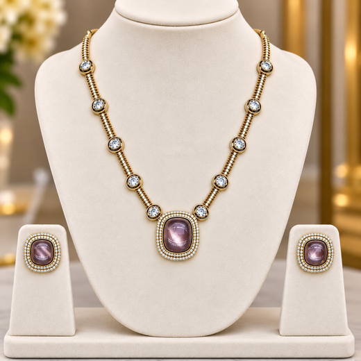 Victorian finishing with American Diamond with Purple Stone Short Necklace