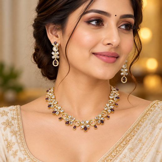 Gold-plated American Diamond Purple Stones Short Necklace - Image 4