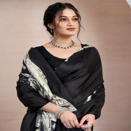 Black Bhagalpuri Silk Printed Saree - Image 2