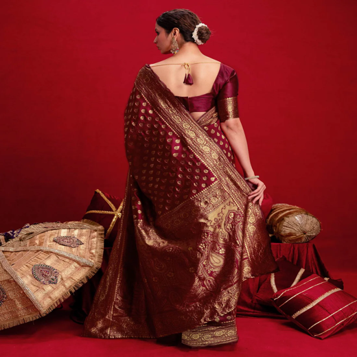 Maroon Silk Woven Banarasi Saree - Image 3