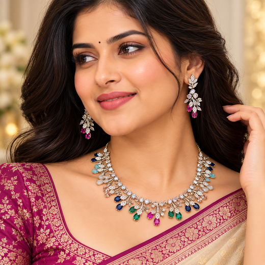 Mehndi finishing Leaf Designed Multi -Stones Short Necklace - Image 4