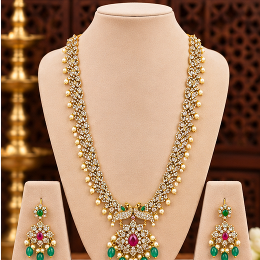 Matte finishing American Diamonds peacock design Long Haram Necklace