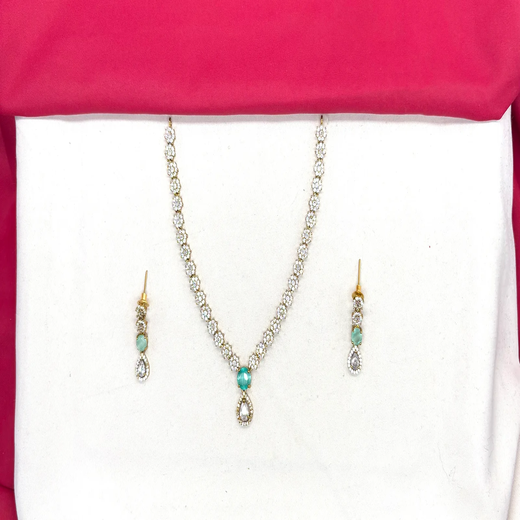 Victorian finishing floral design American Diamonds with Mint-Green Stone Short Necklace - Image 2