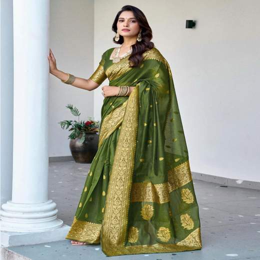 Olive Green Chanderi Woven Saree