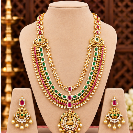 Long Gold Necklace with Pink & Green Stones | Artificial Jewellery