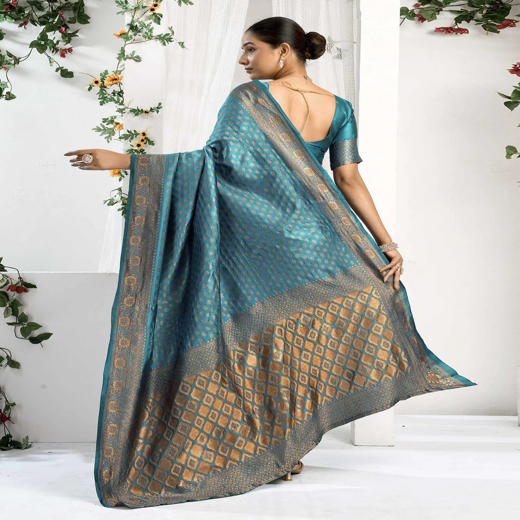 Teal Blue Silk Woven Banarasi Saree - Image 4