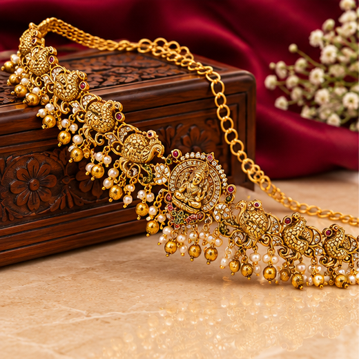 Matte Finishing Lord Lakshmi With AD Stones Peacock Design Chain Vaddanam - Image 3