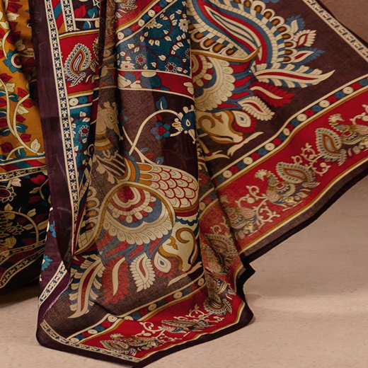Mustard Yellow Cotton Printed Kalamkari Saree - Image 3