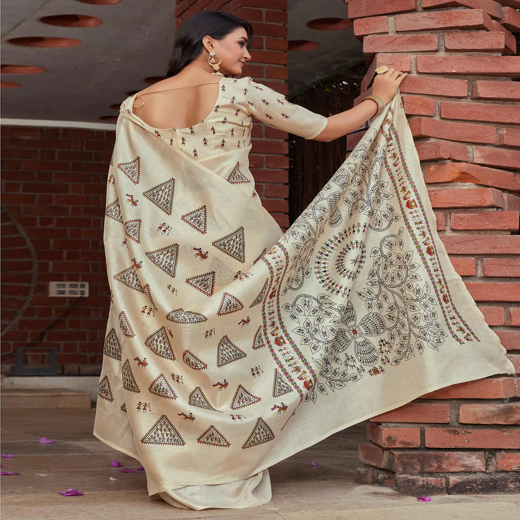 Beige Cotton Blend Warli Printed Saree - Image 4