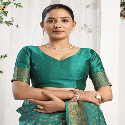 Teal Green Silk Woven Banarasi Saree - Image 2