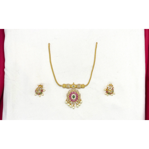 Matte finishing American Diamond Pink stones short Necklace