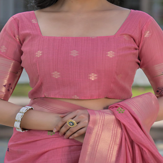 Rose Pink Cotton Woven Paithani Saree - Image 2