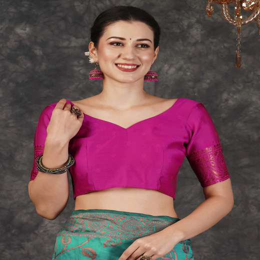 Teal Green Silk Woven Banarasi Saree - Image 2