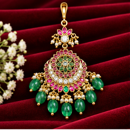 Jadau kundan Finishing Floral Design Geen Beads Chand Design Maang Tikka - Image 2