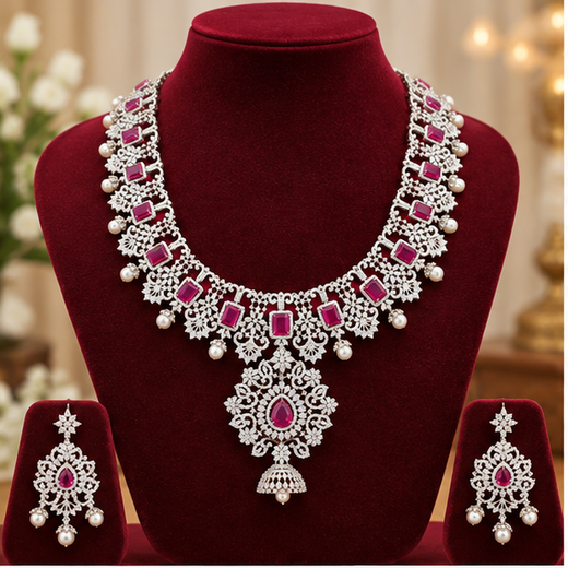 Ad Stones Silver Detachable With Pink stones Long Haram