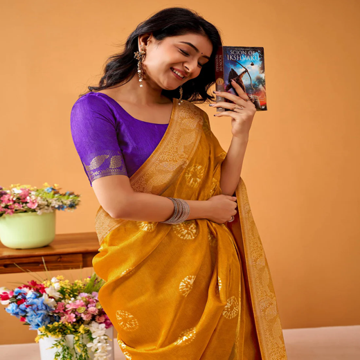 Turmeric Yellow Silk Woven Printed Saree - Image 4