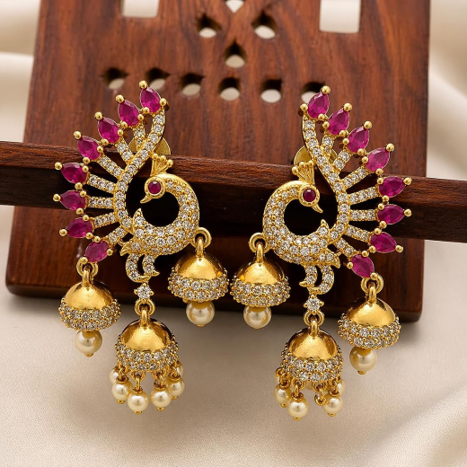 Peacock Design Earrings With Cubic Zirconia | Artificial Jewellery - Image 2