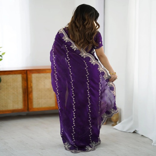 Purple Tissue Silk Embroidery Saree - Image 4