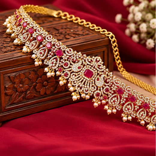 Victorian Finishing With Pink Stones And Peacock Deigned Chain Vaddanam - Image 3