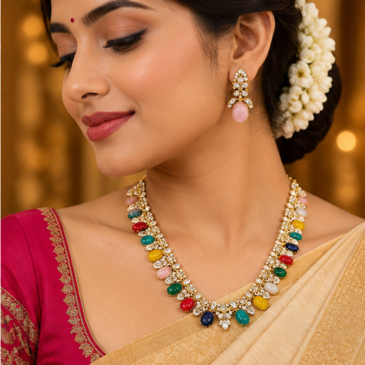 Navaratna American Diamonds Long Haram Necklace - Image 4
