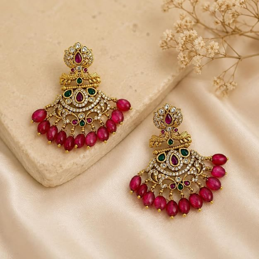 Gold-finisg Gaja Lakshmi antique red bead drop earring - Image 4